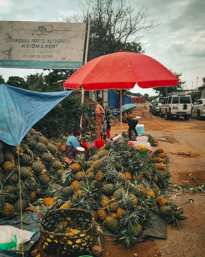A fruit stall piled with pineapples at a market in Kigoma, Tanzania