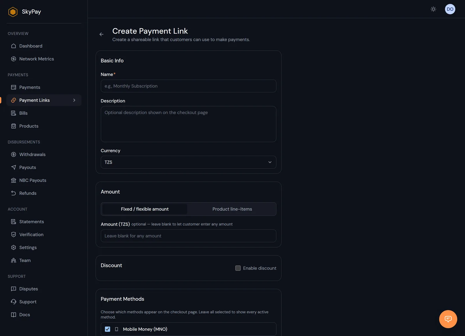 The SkyPay "Create Payment Link" form, with name, currency and amount fields