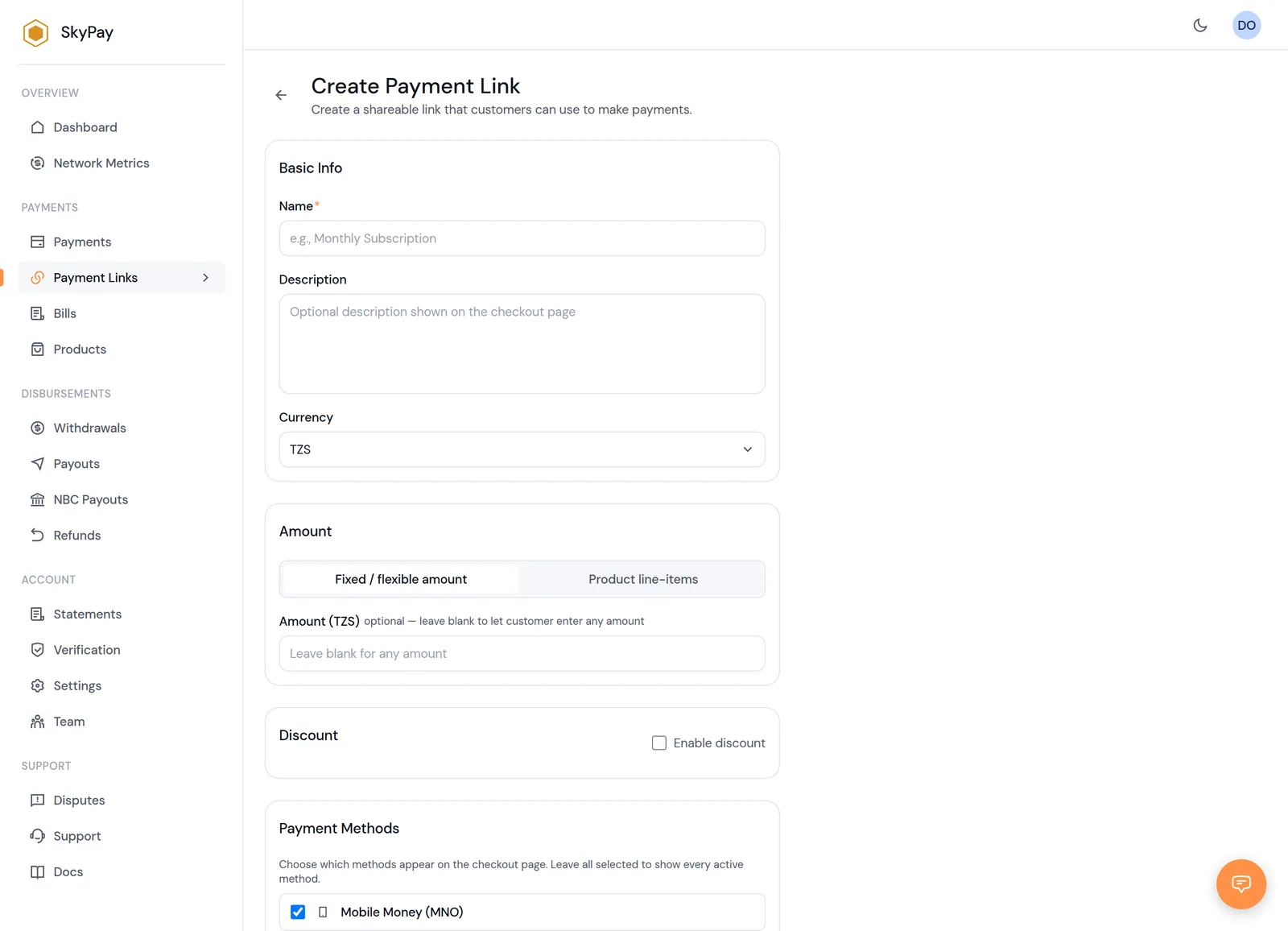 The SkyPay "Create Payment Link" form, with name, currency and amount fields