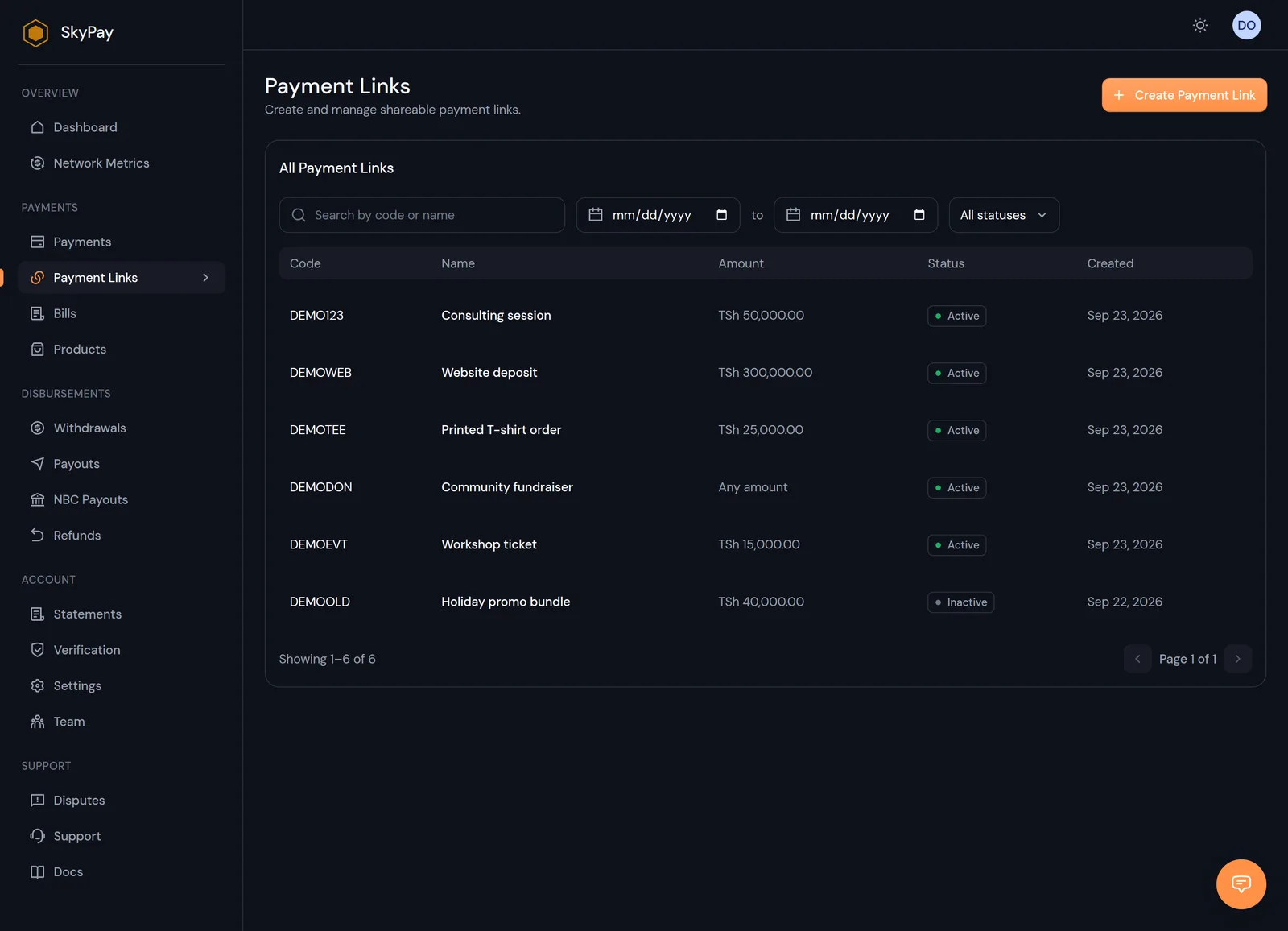 The SkyPay payment links list, showing active and inactive links