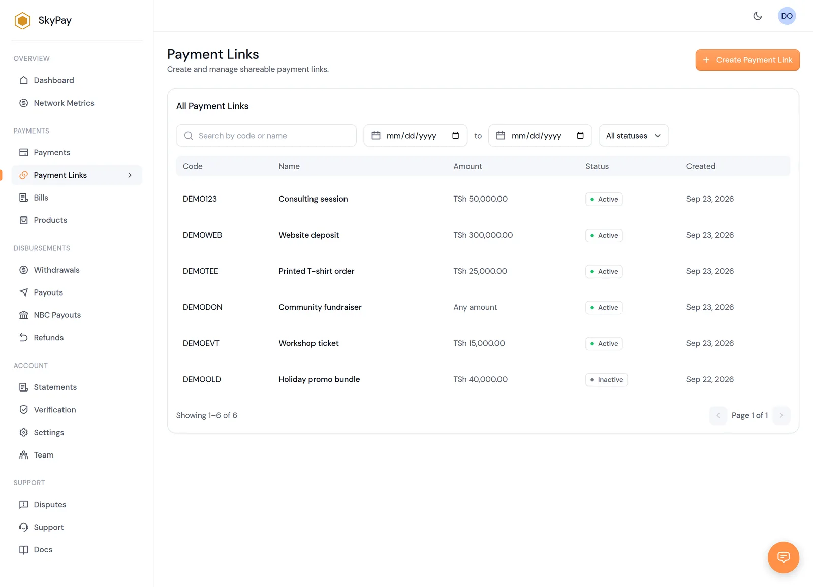 The SkyPay payment links list, showing active and inactive links